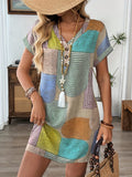 Elegant V-Neck Buttoned Patchwork Print Knee-Length Bodycon Dress |